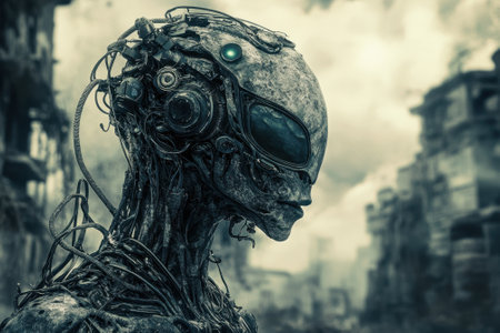 A highly detailed cybernetic figure stands still amidst the ruins of a shattered cityscape.の写真素材