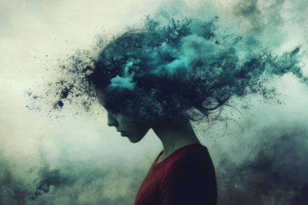 A woman stands in profile with clouds and colors swirling around her head, symbolizing creativity and thought.の写真素材