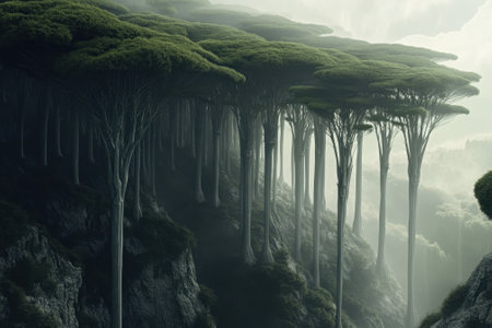This captivating landscape features tall, unusual trees shrouded in mist, creating a magical atmosphere.の素材