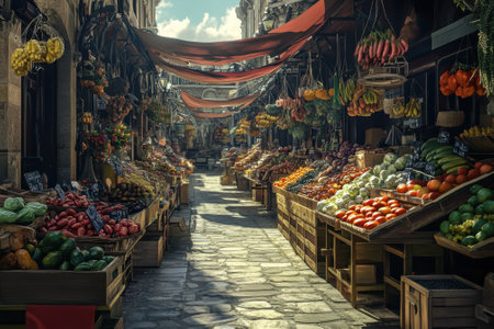 Colorful stalls filled with fruits and vegetables line a cobblestone street under a blue sky.の写真素材