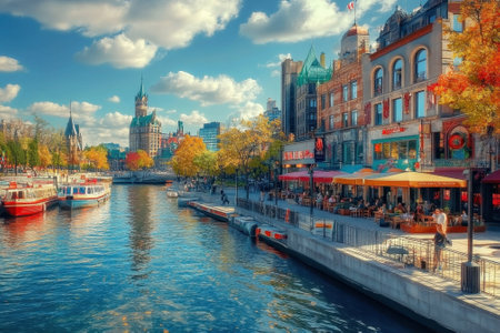 People stroll along the waterfront on a sunny autumn day as boats float peacefully in the water.の写真素材