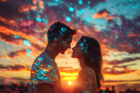 Two people share an intimate moment at sunset, surrounded by colorful digital patterns and vivid clouds.の素材