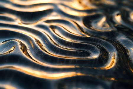 Curved lines of light create mesmerizing patterns on a shiny surface during the golden hour.の写真素材