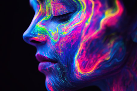 Colorful neon patterns decorate a person's face, showing creativity in low light.の写真素材
