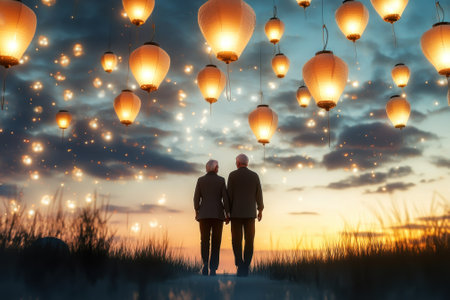 An elderly couple stands hand in hand, surrounded by glowing lanterns against a colorful sunset sky.の写真素材