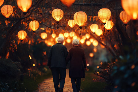 Two elderly individuals stroll together beneath hanging lanterns, enjoying a peaceful evening in a serene setting.の写真素材