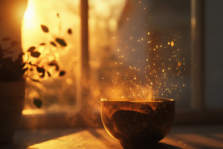 Sunlight streams through a window, highlighting a bowl with magical golden sparkles floating above it.の写真素材