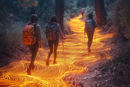 Four hikers traverse a glowing orange path surrounded by trees at dusk, enjoying their adventure in nature.の写真素材