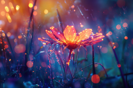 A radiant flower glistens with droplets, surrounded by lush grass in a dreamy garden during twilight hours.の写真素材