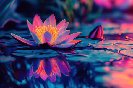A beautiful lotus flower opens up on calm water, reflecting stunning colors during twilight.の写真素材