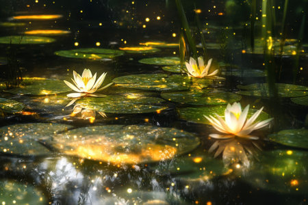 Blooming water lilies float peacefully on a tranquil pond, illuminated by soft sunset light and gentle reflections.の写真素材