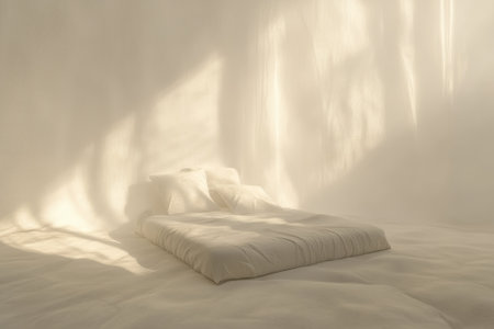 A spacious bedroom features a simple bed surrounded by warm, soft light, creating a serene ambiance.の写真素材