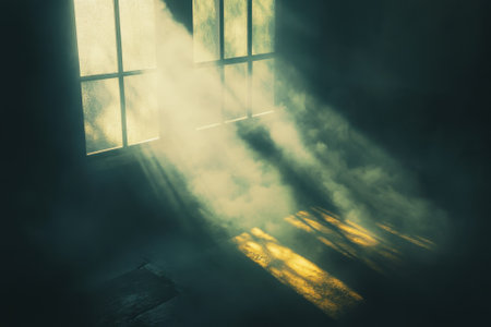 Soft rays of sunlight shine through dusty window panes, illuminating a dimly lit, abandoned space with an ethereal glow.の写真素材