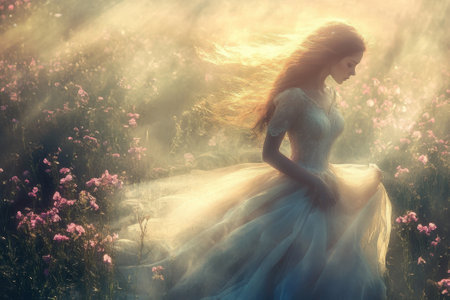 A woman gracefully stands in a sunlit flower field, her dress billowing in a magical atmosphere.の写真素材