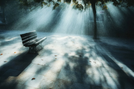 Soft rays of sunlight filter through leaves, casting serene shadows on a park bench in the morning.の写真素材