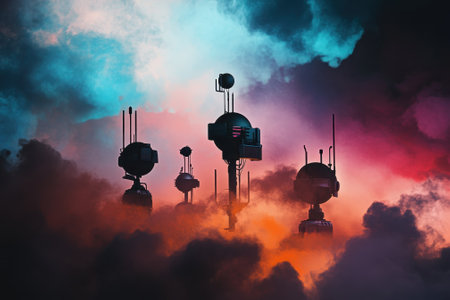 Unusual and bold silhouettes rise from fog, surrounded by vibrant colors at twilight, creating a surreal landscape.の写真素材