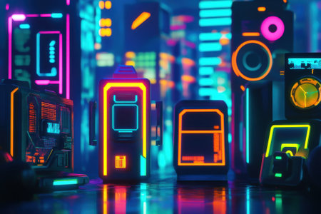 Futuristic appliances illuminated by neon lights create a vivid urban landscape, capturing a lively night atmosphere.の写真素材