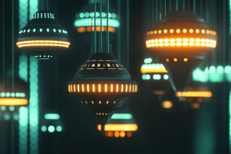 Vibrant orbs of light hover in a dark space, creating an energetic atmosphere with neon colors and patterns.の写真素材