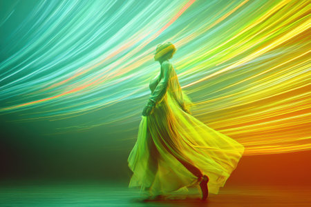 A dancer in a flowing yellow dress moves gracefully, surrounded by sweeping bursts of colorful light.の写真素材