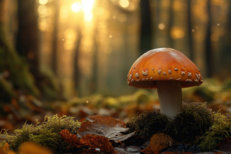A striking orange mushroom stands among moss and fallen leaves in a tranquil forest setting at sunset.の写真素材