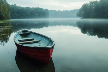 A red boat rests on the calm water of a misty lake surrounded by lush green trees in the early morning.の写真素材