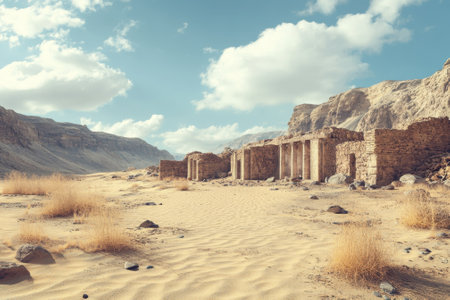Desert ruins feature crumbling stone walls and columns, emphasizing the history and solitude of this remote location.の写真素材