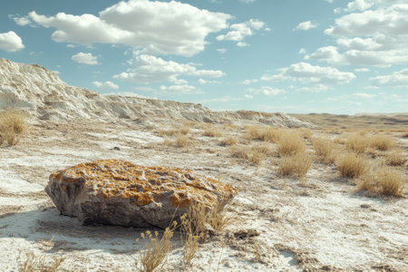 A large rock sits on parched ground surrounded by sparse grass, under a bright sky with fluffy clouds.の写真素材
