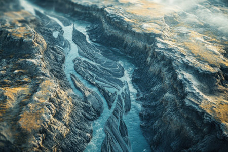 A breathtaking view of a river carving its way through deep canyon walls, illuminated by morning light.の写真素材