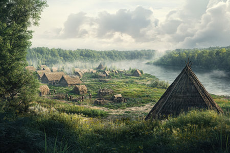 Villagers engage in daily activities near thatched huts beside a serene river under cloudy skies.の写真素材