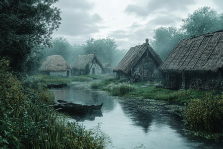 Fog envelops a rustic village with thatched-roof houses next to a tranquil river reflecting the gray sky.の写真素材