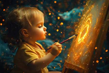 A young child focuses intently on painting a swirling galaxy on a canvas, surrounded by a dreamy glow.の写真素材