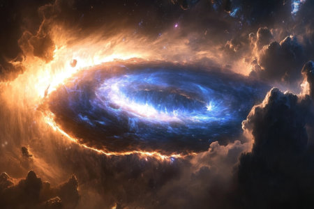 A breathtaking view of a galaxy forming, with swirling gas and vibrant colors lighting up the dark space.の写真素材