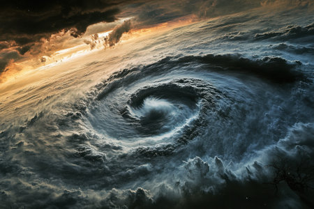 Dark clouds swirl ominously in the sky, signaling a strong storm as the sun sets over the water.の写真素材