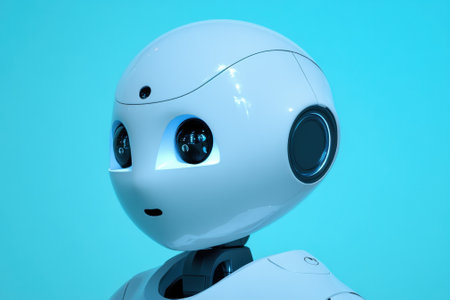 A rounded robot with expressive eyes and a sleek design appears to engage with its surroundings in vibrant colors.の写真素材