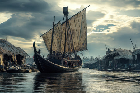 A large sailing boat with billowing sails glides through tranquil waters near a rustic village at dusk.の写真素材