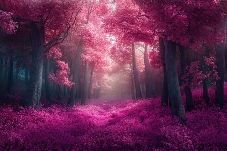 A magical forest landscape filled with richly colored purple leaves and flowers, illuminated by soft twilight light.の写真素材