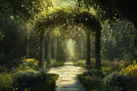 A peaceful garden pathway features elegant stone arches draped in vibrant flowers, illuminated by soft sunlight.の写真素材