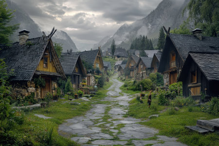 A cobblestone path weaves through quaint wooden houses in lush mountains at twilight, creating a serene vibe.の写真素材