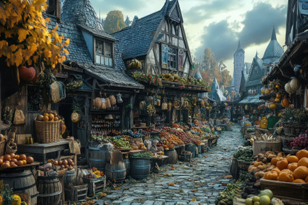 A bustling market showcases vibrant fruits and vegetables surrounded by cobblestone pathways and rustic buildings.の写真素材
