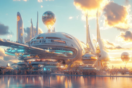 A stunning view of a futuristic city with advanced structures, glowing elements, and a large crowd during sunset.の写真素材