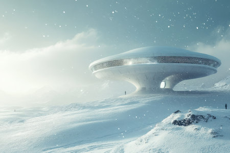 A large, disc-shaped structure stands in a snowy environment with individuals nearby under falling snowflakes.の写真素材