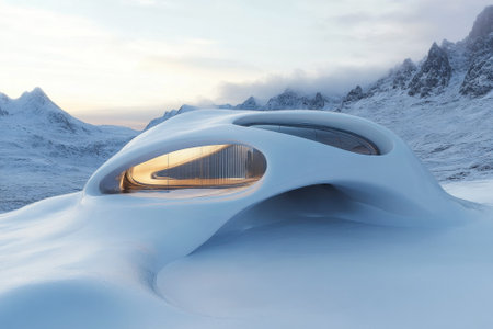 A modern structure emerges from a snowy landscape, blending innovative architecture with nature's beauty.の写真素材