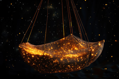 A golden-lit boat glimmers in a starry night sky, evoking wonder and tranquility.の写真素材