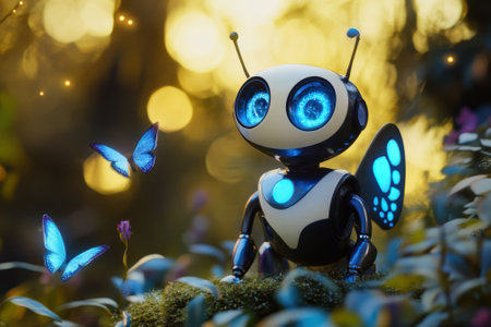 A delightful robot with butterfly features mingles with luminous butterflies in a vibrant forest at dusk.の写真素材