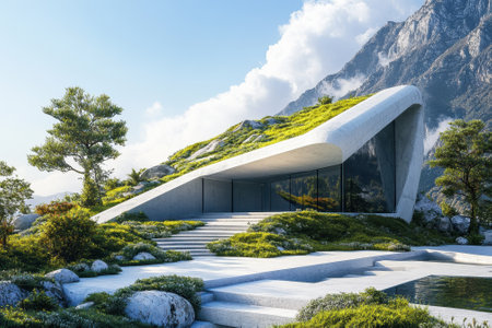 A contemporary house with greenery on the roof sits amidst rocks and trees, surrounded by majestic mountains.の写真素材