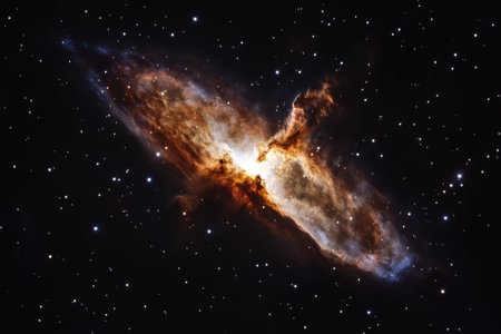 A stunning cosmic nebula reveals vibrant colors and shapes amidst twinkling stars in the vast expanse of space.の写真素材