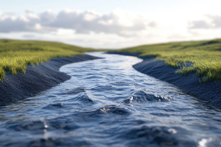 A serene stream flows gently between lush green hills, reflecting the evening light and clouds above.の写真素材