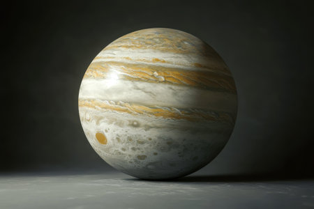 Jupiter showcases its beautiful swirling bands of color while illuminated softly against a muted background.の写真素材