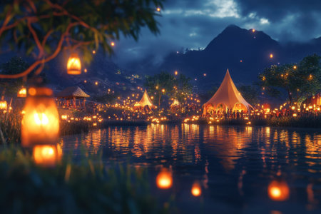 Lanterns illuminate the lakeside as people gather for a vibrant celebration under the stars.の写真素材