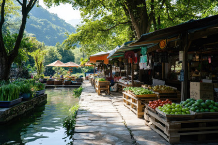 Local vendors display fresh produce at a market by a peaceful stream surrounded by wooded hills.の写真素材